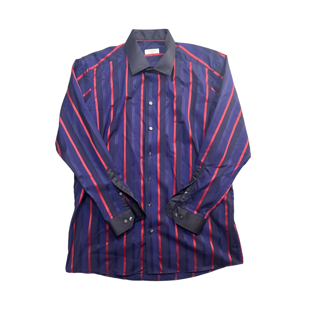 Eton Mens Contemporary Fit Striped Dress Shirt Navy Red Blue Size 43 17
